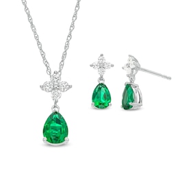 Pear-Shaped Lab-Created Emerald and Quad White Lab-Created Sapphire Drop Pendant and Earrings Set in Sterling Silver