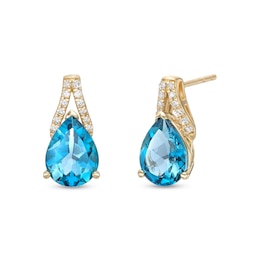 Pear-Shaped London Blue Topaz and 0.067 CT. T.W. Diamond &quot;V&quot; Drop Earrings in 10K Gold