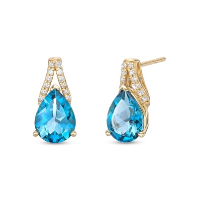 Pear-Shaped London Blue Topaz and 0.067 CT. T.W. Diamond "V" Drop Earrings in 10K Gold