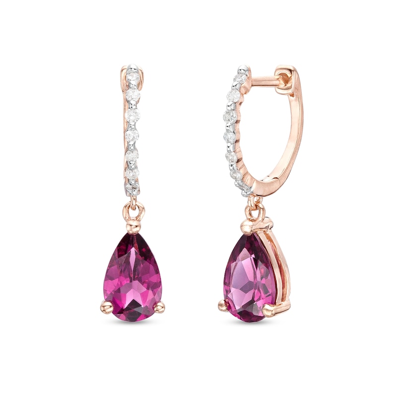 Main Image 1 of Pear-Shaped Rhodolite Garnet and 0.085 CT. T.W. Diamond Drop Earrings in 10K Rose Gold