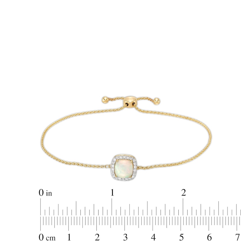 Main Image 3 of 7.0mm Cushion-Shaped Cabochon Opal and 0.115 CT. T.W. Diamond Frame Bolo Bracelet in 10K Gold - 9.0"