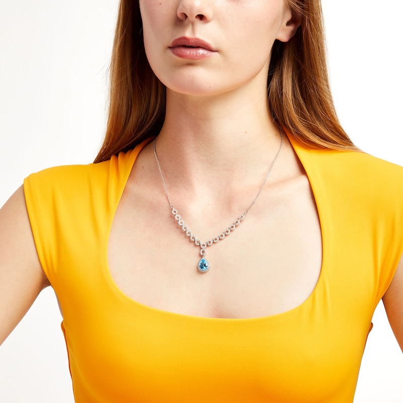 Main Image 2 of Pear-Shaped Swiss Blue Topaz and White Lab-Created Sapphire Link Drop Necklace in Sterling Silver - 19.25"