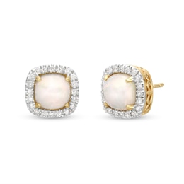 6.0mm Cushion-Shaped Cabochon Opal and 0.18 CT. T.W. Diamond Frame Stud Earrings in 10K Gold