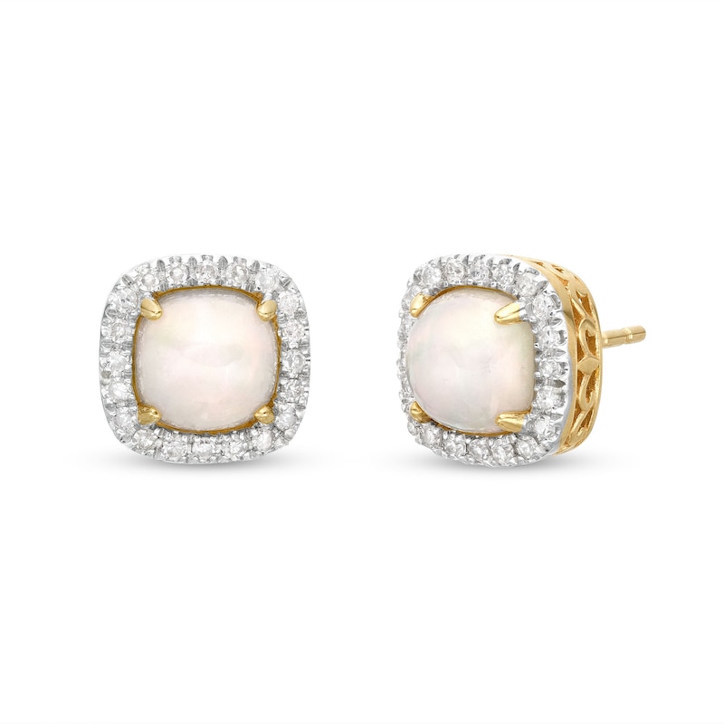 6.0mm Cushion-Shaped Cabochon Opal and 0.18 CT. T.W. Diamond Frame Stud Earrings in 10K Gold