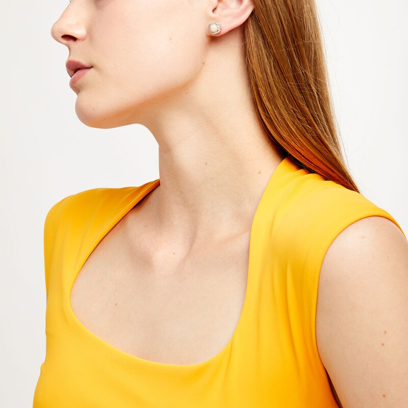 Main Image 2 of 6.0mm Cushion-Shaped Cabochon Opal and 0.18 CT. T.W. Diamond Frame Stud Earrings in 10K Gold