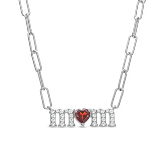 Heart-Shaped Garnet and White Lab-Created Sapphire "mom" Paper Clip Necklace in Sterling Silver
