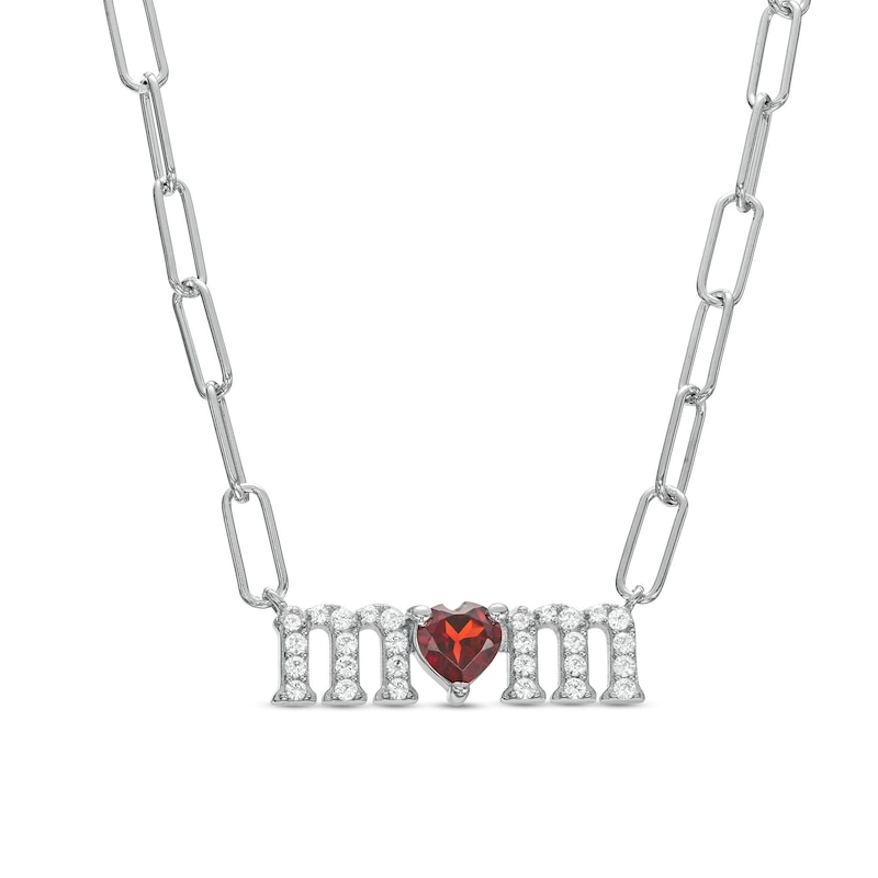 Heart-Shaped Garnet and White Lab-Created Sapphire "mom" Paper Clip Necklace in Sterling Silver