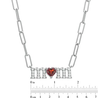 Heart-Shaped Garnet and White Lab-Created Sapphire "mom" Paper Clip Necklace in Sterling Silver