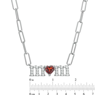 Heart-Shaped Garnet and White Lab-Created Sapphire "mom" Paper Clip Necklace in Sterling Silver