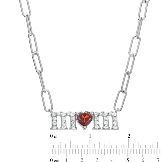 Heart-Shaped Garnet and White Lab-Created Sapphire "mom" Paper Clip Necklace in Sterling Silver