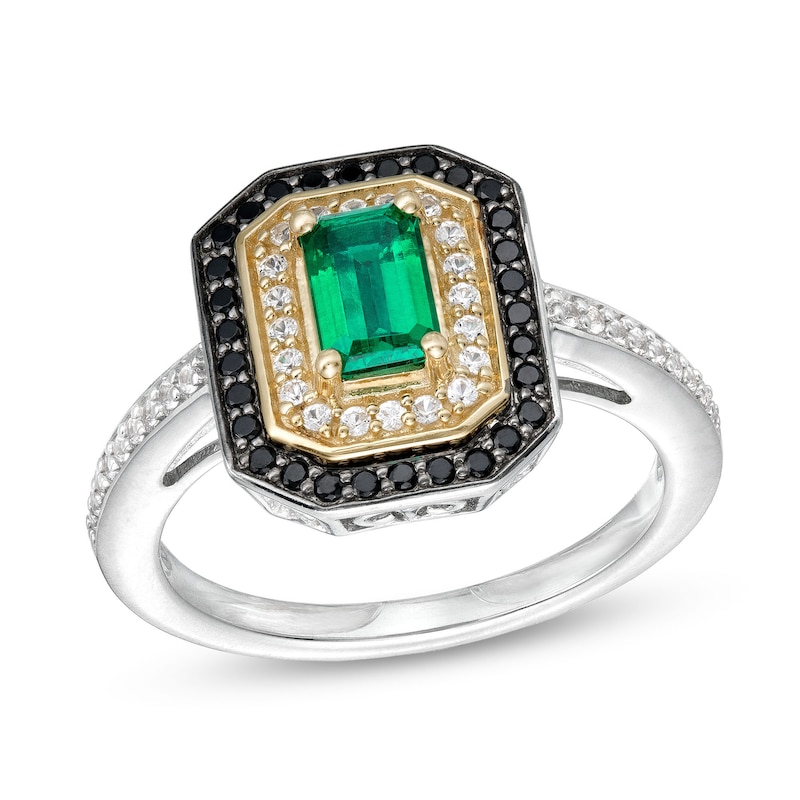 Lab-Created Emerald, Black Spinel and White Lab-Created Sapphire Octagon Frame Ring in Sterling Silver and 10K Gold