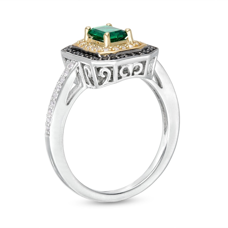 Lab-Created Emerald, Black Spinel and White Lab-Created Sapphire Octagon Frame Ring in Sterling Silver and 10K Gold