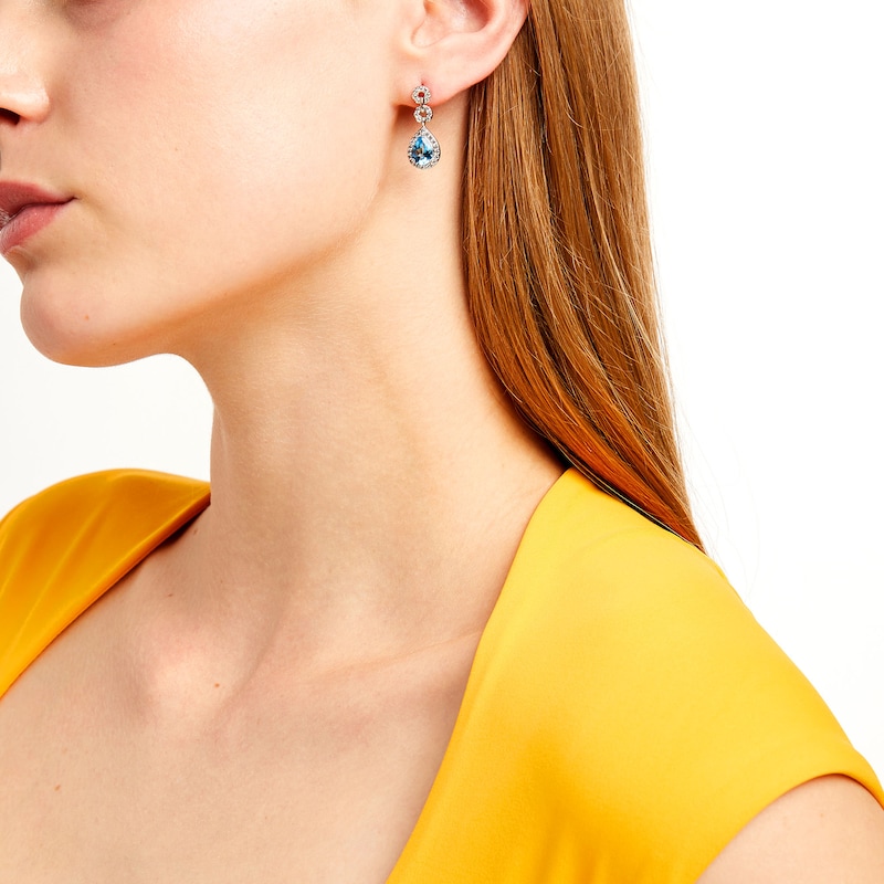 Main Image 2 of Pear-Shaped Swiss Blue Topaz and White Lab-Created Sapphire Link Drop Earrings in Sterling Silver
