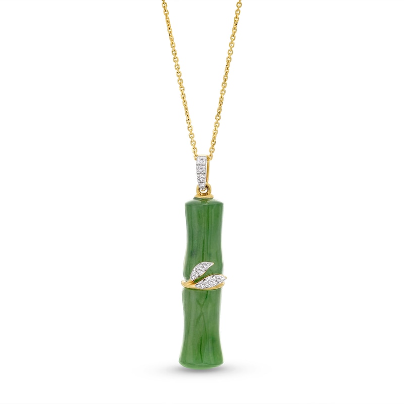 Main Image 1 of Jade and 0.085 CT. T.W. Diamond Bamboo Pendant in 14K Gold