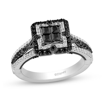 Enchanted Disney Villains Maleficent 0.95 CT. T.W. Black and White Quad Diamond Frame Engagement Ring in 14K White Gold