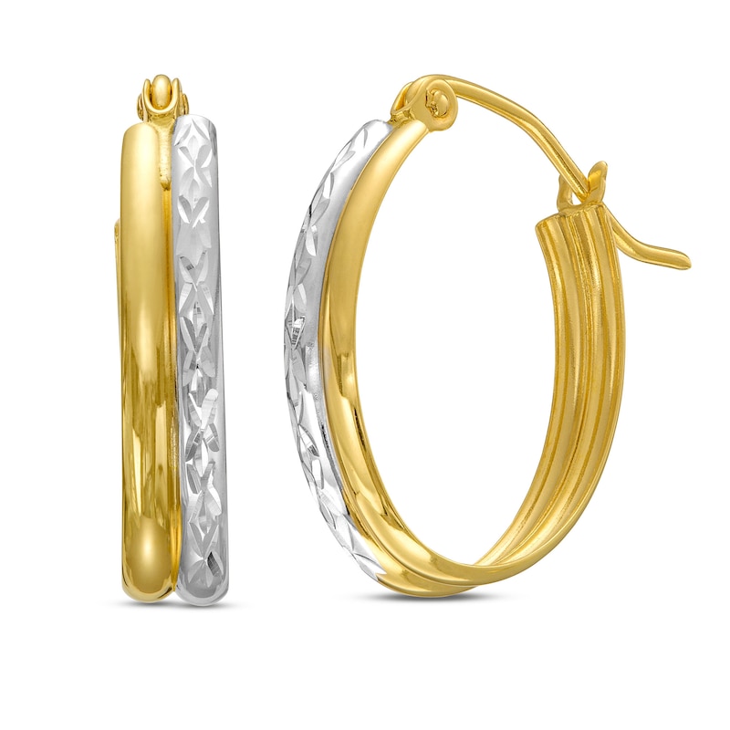 Diamond-Cut and Polished Double Row Hoop Earrings in Hollow 14K Two-Tone Gold|Peoples Jewellers