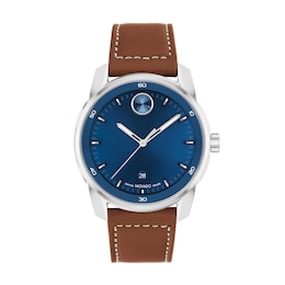 Men's Movado Bold Verso Brown Leather Strap Watch with Blue Dial (Model: 3600944)
