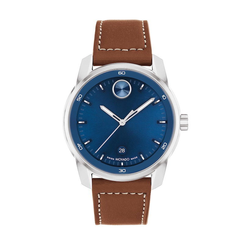 Men's Movado Bold Verso Brown Leather Strap Watch with Blue Dial (Model: 3600944)