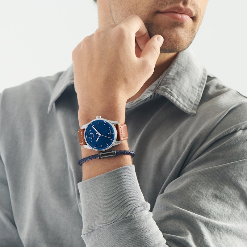 Men's Movado Bold Verso Brown Leather Strap Watch with Blue Dial (Model: 3600944)