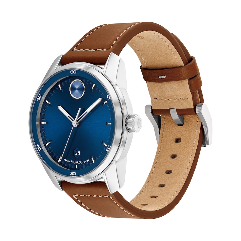 Men's Movado Bold Verso Brown Leather Strap Watch with Blue Dial (Model: 3600944)