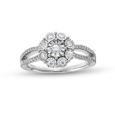 0.25 CT. T.W. Diamond Floral Composite Split Shank Promise Ring in Sterling Silver