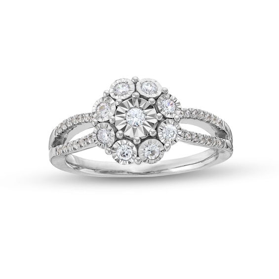 0.25 CT. T.W. Diamond Floral Composite Split Shank Promise Ring in Sterling Silver