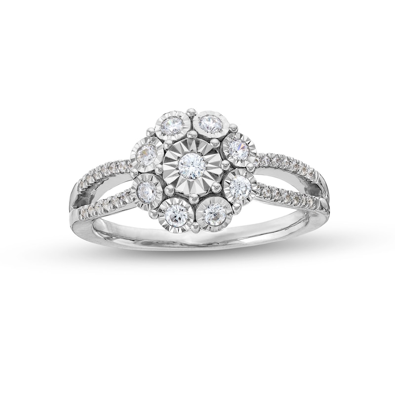 0.25 CT. T.W. Diamond Floral Composite Split Shank Promise Ring in Sterling Silver|Peoples Jewellers