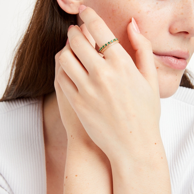 Main Image 2 of Lab-Created Emerald and White Lab-Created Sapphire Split Double Row Ring in 10K Gold