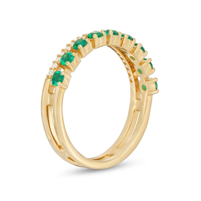 Main Image 3 of Lab-Created Emerald and White Lab-Created Sapphire Split Double Row Ring in 10K Gold