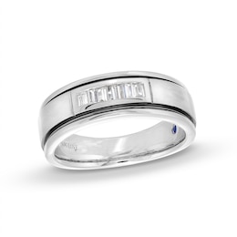 Vera Wang Men's 0.23 CT. T.W. Baguette Diamond Deep Groove Wedding Band in 14K White Gold