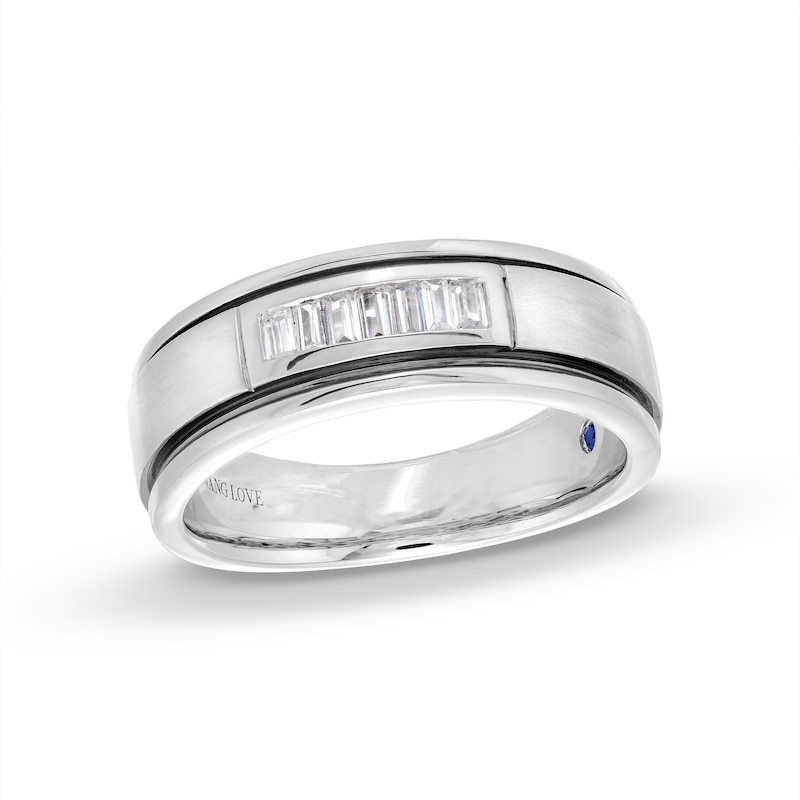 Men's Vera Wang Love Collection 0.23 CT. T.W. Baguette Diamond Deep Groove Wedding Band in 14K White Gold