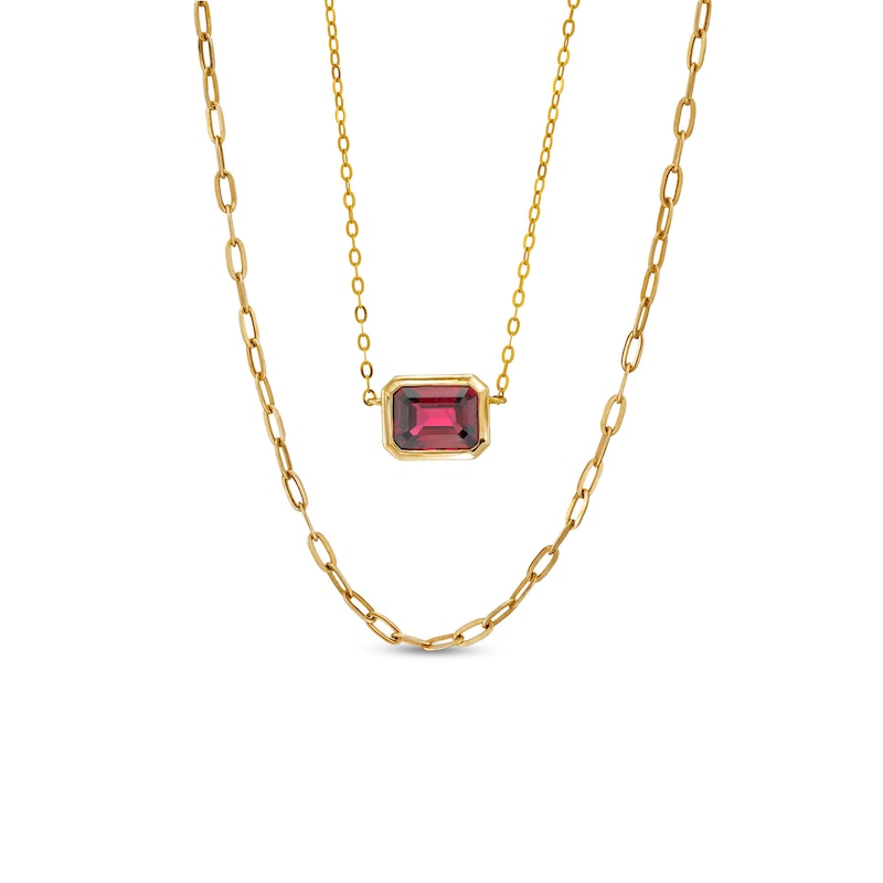Sideways Emerald-Cut Rhodolite Garnet and Paper Clip Chain Double Strand Necklace in 10K Gold - 17"|Peoples Jewellers