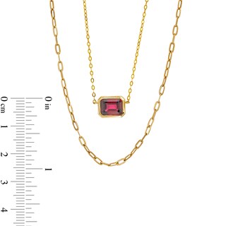 Sideways Emerald-Cut Rhodolite Garnet and Paper Clip Chain Double Strand Necklace in 10K Gold - 17"