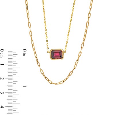 Sideways Emerald-Cut Rhodolite Garnet and Paper Clip Chain Double Strand Necklace in 10K Gold - 17"