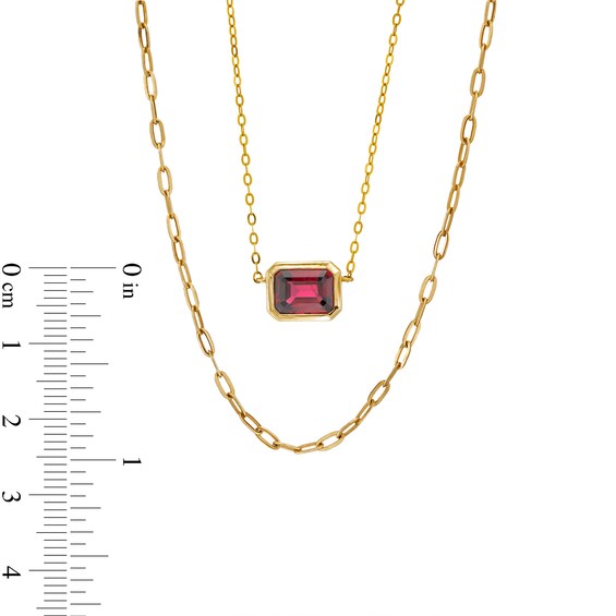 Sideways Emerald-Cut Rhodolite Garnet and Paper Clip Chain Double Strand Necklace in 10K Gold - 17"