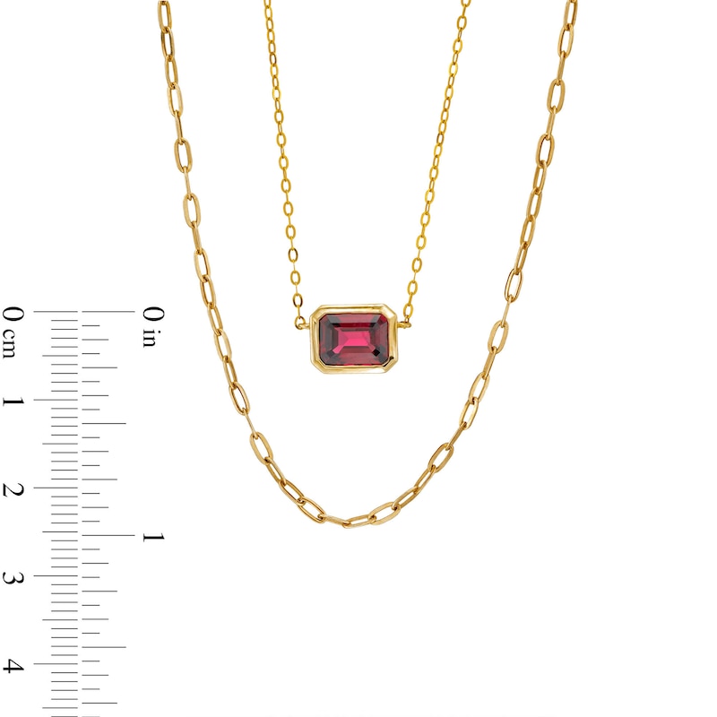 Sideways Emerald-Cut Rhodolite Garnet and Paper Clip Chain Double Strand Necklace in 10K Gold - 17"