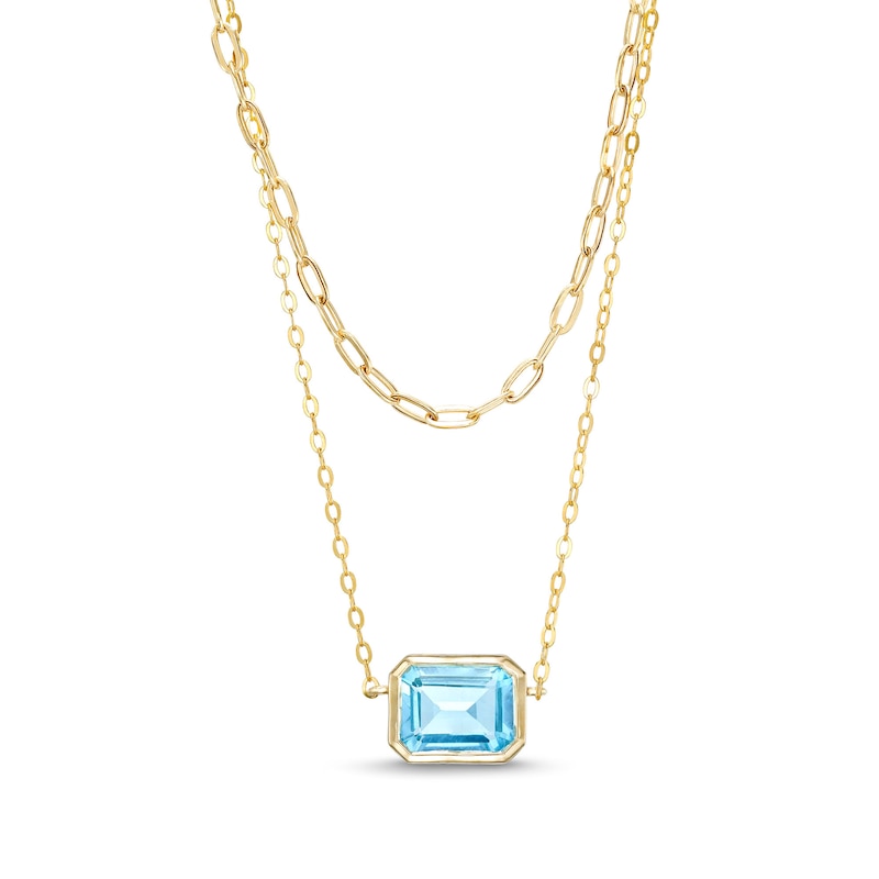 Sideways Emerald-Cut Swiss Blue Topaz Double Chain Necklace in 10K Gold - 17"|Peoples Jewellers