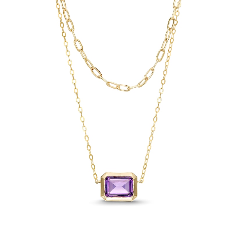 Sideways Emerald-Cut Amethyst Double Chain Necklace in 10K Gold - 17"|Peoples Jewellers