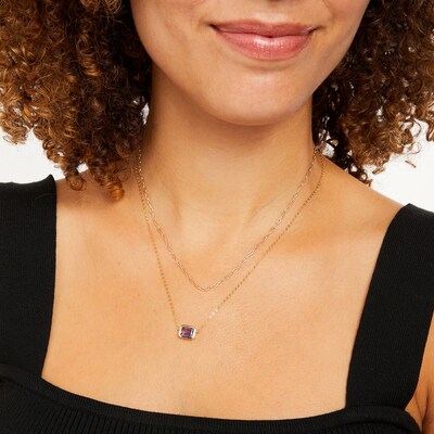 Sideways Emerald-Cut Amethyst Double Chain Necklace in 10K Gold - 17"