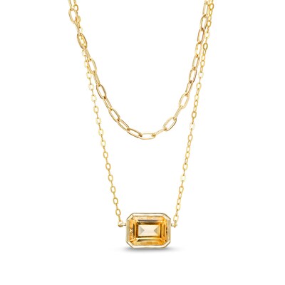 Sideways Emerald-Cut Citrine Double Chain Necklace in 10K Gold - 17"