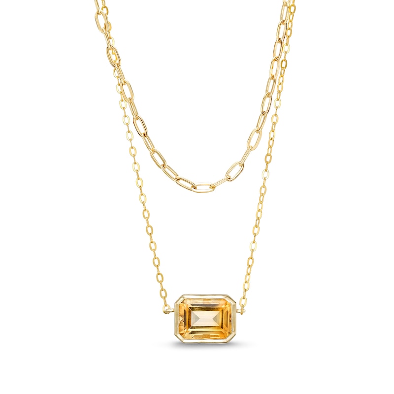 Sideways Emerald-Cut Citrine Double Chain Necklace in 10K Gold - 17"|Peoples Jewellers