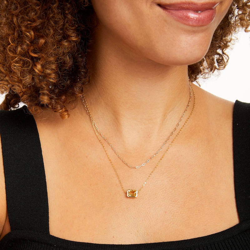 Sideways Emerald-Cut Citrine Double Chain Necklace in 10K Gold - 17"