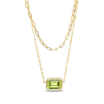 Sideways Emerald-Cut Peridot Double Chain Necklace in 10K Gold - 17"