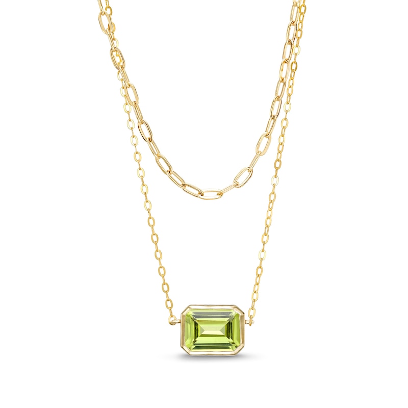 Sideways Emerald-Cut Peridot Double Chain Necklace in 10K Gold - 17"|Peoples Jewellers