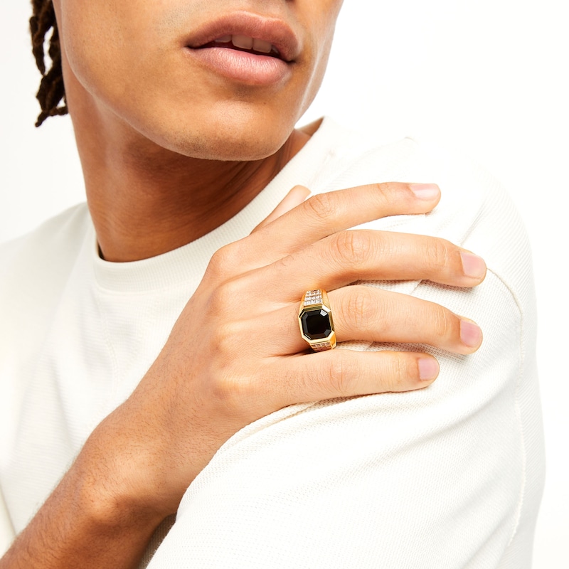 Main Image 2 of Men's 11.0mm Octagonal Onyx and 0.50 CT. T.W. Diamond Tiered Row Ring in 10K Gold
