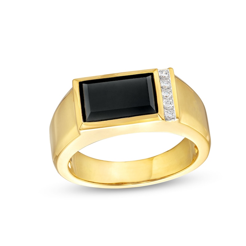 Men's Sideways Rectangular Onyx and 0.10 CT. T.W. Diamond Line Ring in 10K Gold|Peoples Jewellers