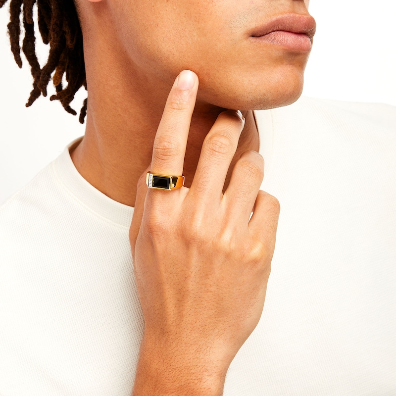 Main Image 2 of Men's Sideways Rectangular Onyx and 0.10 CT. T.W. Diamond Line Ring in 10K Gold