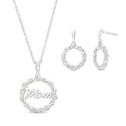Circle of Gratitude® Collection 0.15 CT. T.W. Diamond &quot;Mom&quot; Twist Pendant and Drop Earrings Set in Sterling Silver