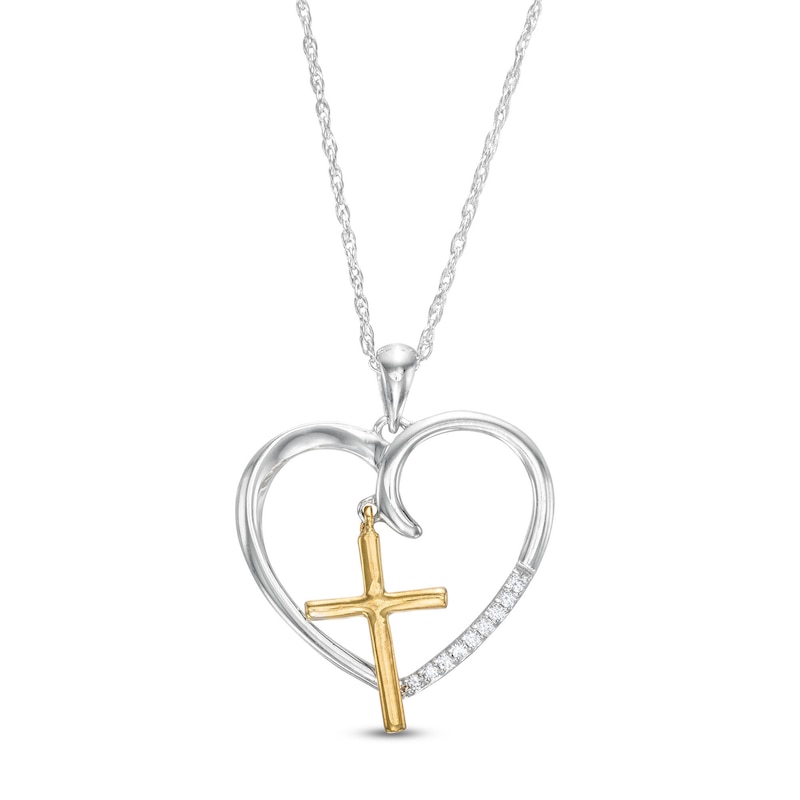 0.05 CT. T.W. Diamond Heart with Cross Charm Pendant in Sterling Silver and 10K Gold