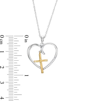 0.05 CT. T.W. Diamond Heart with Cross Charm Pendant in Sterling Silver and 10K Gold